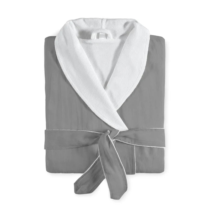 Maia terry bathrobe with linen exterior and cotton lining