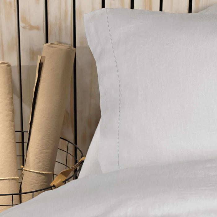Maia Flat Sheet Set in soft European stonewashed linen with hemstitch