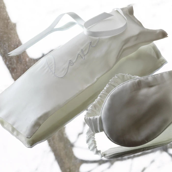 Maria mulberry silk eye mask with matching embroidered pouch