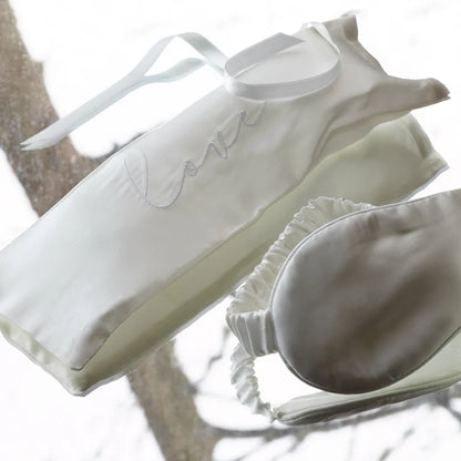 Maria mulberry silk eye mask with matching embroidered pouch